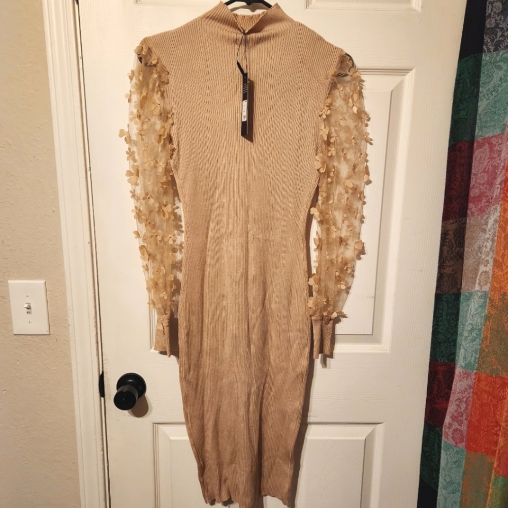Fashion Nova Tan Ribbed Midi Dress | Sz M - Picture 4 of 7